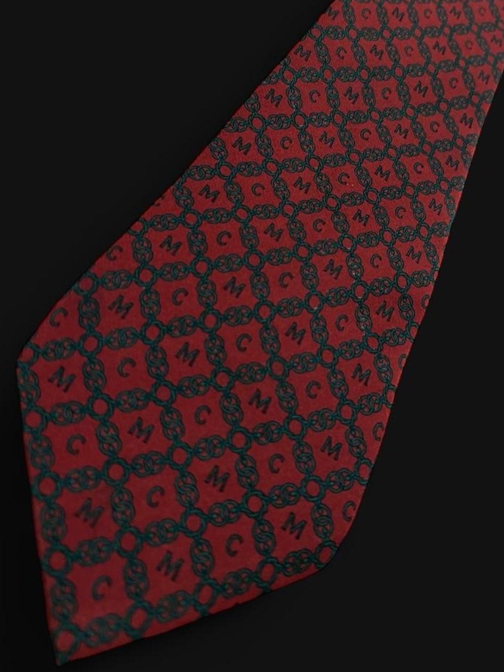 Vintage 90s MCM Silk Tie - Deep Red Interlocking Chain Monogram